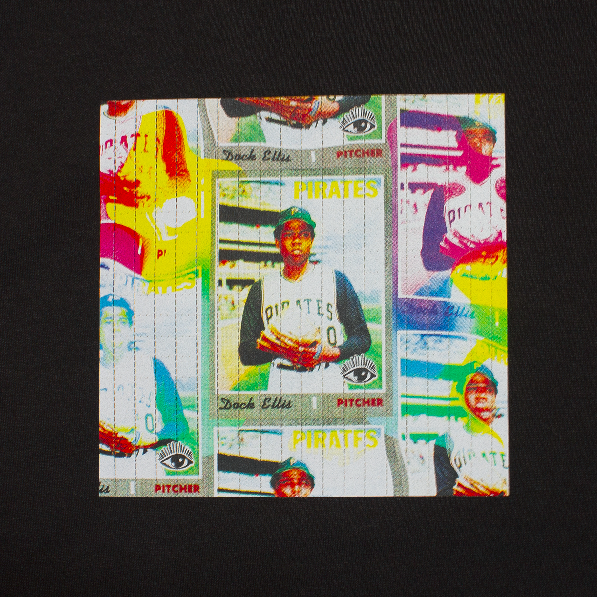close up of a t-shirt graphic of a sheet of LSD of famous pitcher Dock Ellis who pitched an MLB game while on LSD.