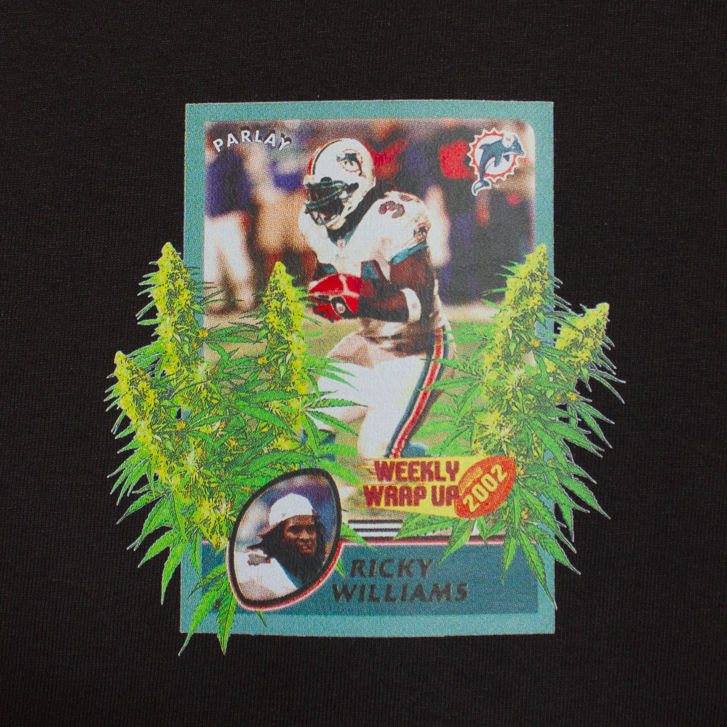 front of t-shirt of a graphic of a football card of running back Ricky Willaims of the Miami Dolphins running through a crop of cannabis plants.
