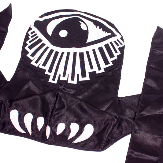 close up of a du-rag with teeth and screen printed eye logo