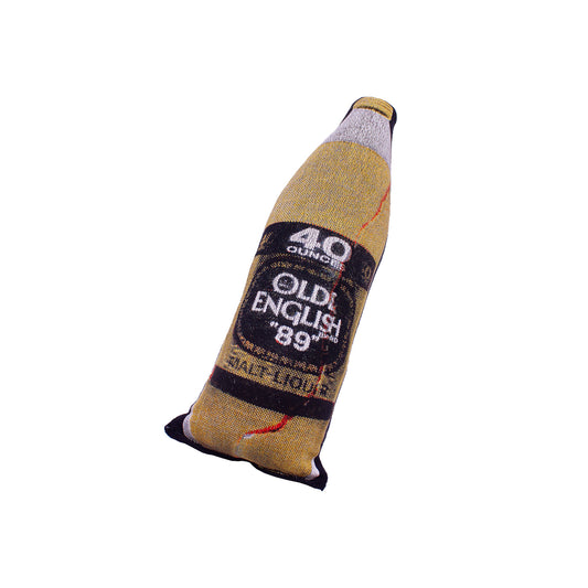 close up of a screen printed 40oz of Old English malt liquor pillow