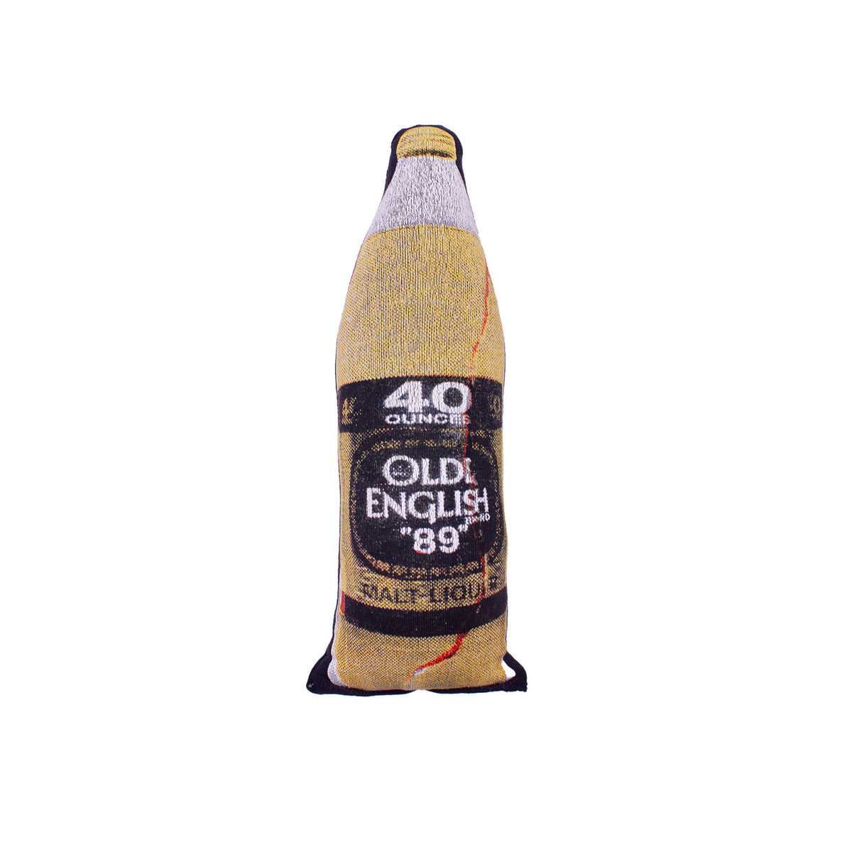 front of a screen printed 40oz of Old English malt liquor pillow