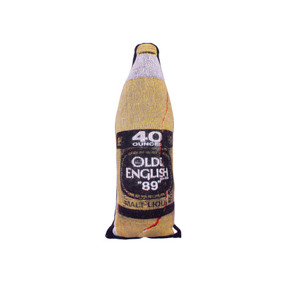 front of a screen printed 40oz of Old English malt liquor pillow