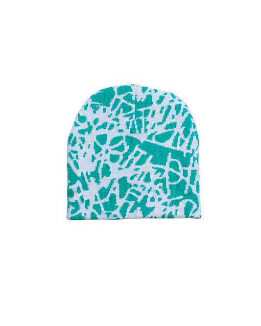 turquoise and white beanie with artwork all over pattern