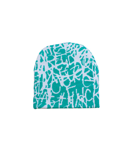 turquoise and white beanie with artwork all over pattern