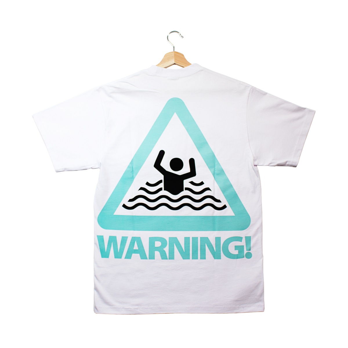 back of a white t-shirt with icon warning symbol for drowning