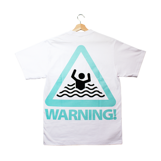 back of a white t-shirt with icon warning symbol for drowning
