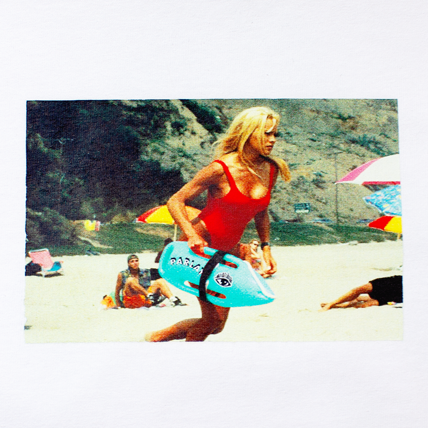 front of a white t-shirt with a photo from the TV show Baywatch of actress Pamela Anderson. We crushed on Pamela hard.
