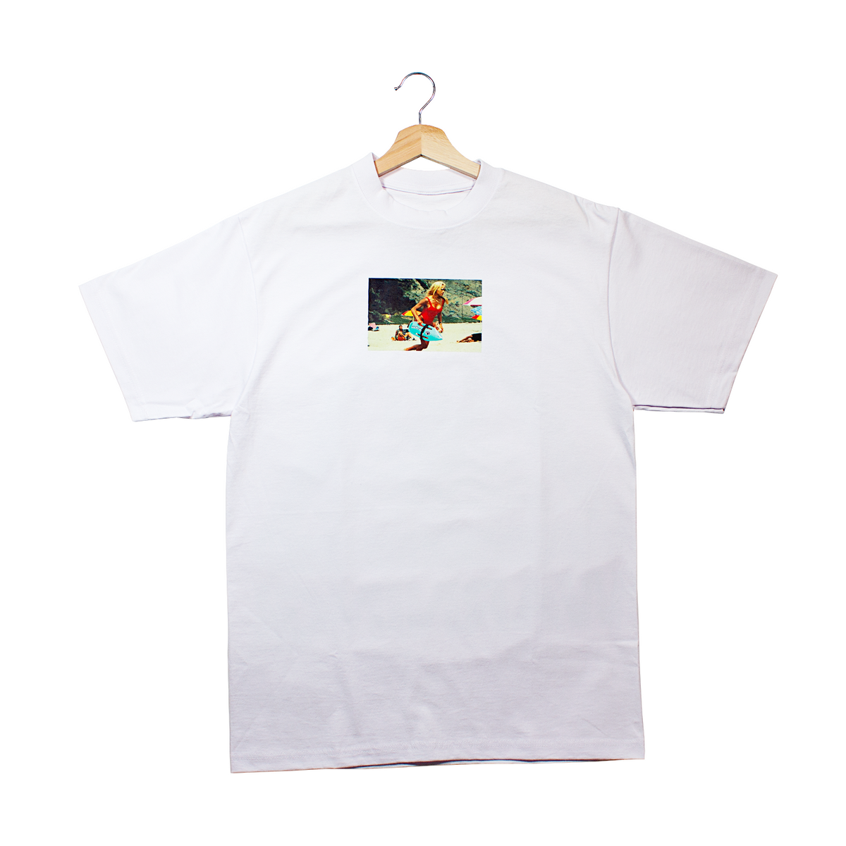front of a white t-shirt with a photo from the TV show Baywatch of actress Pamela Anderson. We crushed on Pamela hard.