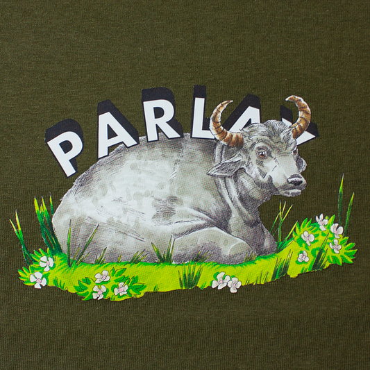 front of a dark green t-shirt with a PARLAY logo and water buffalo graphic sitting in a field