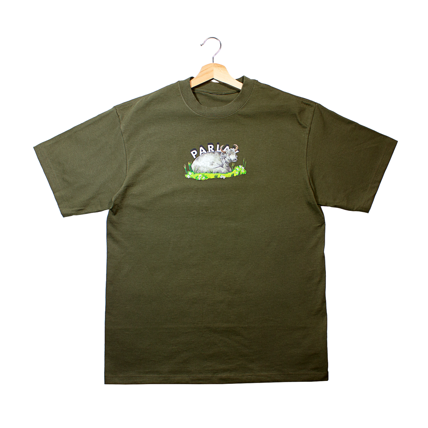 front of a dark green t-shirt with a PARLAY logo and water buffalo graphic sitting in a field