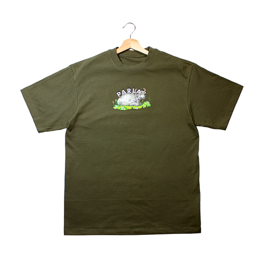 front of a dark green t-shirt with a PARLAY logo and water buffalo graphic sitting in a field