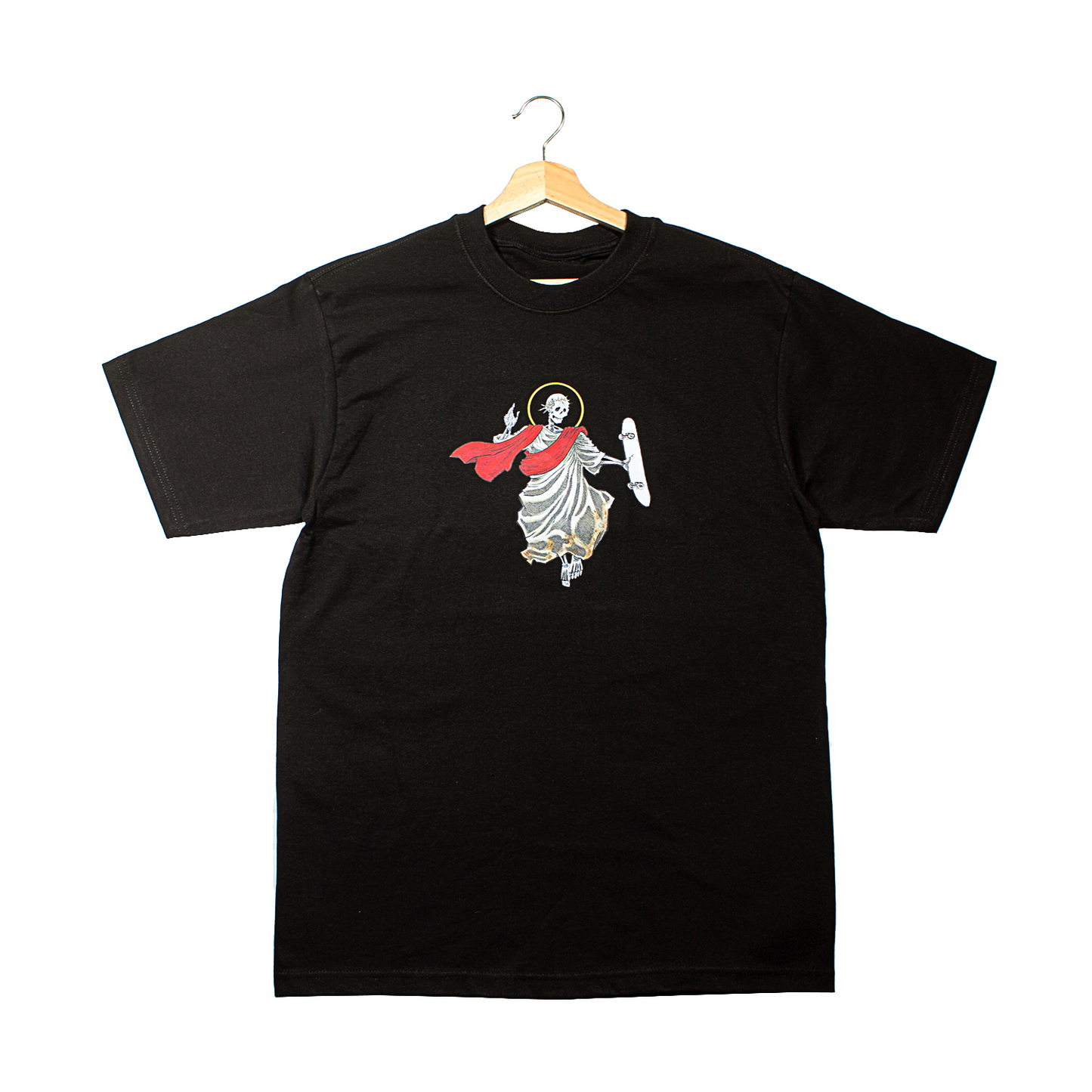 front of a black t-shirt with jesus doing a christ air on his skateboard graphic