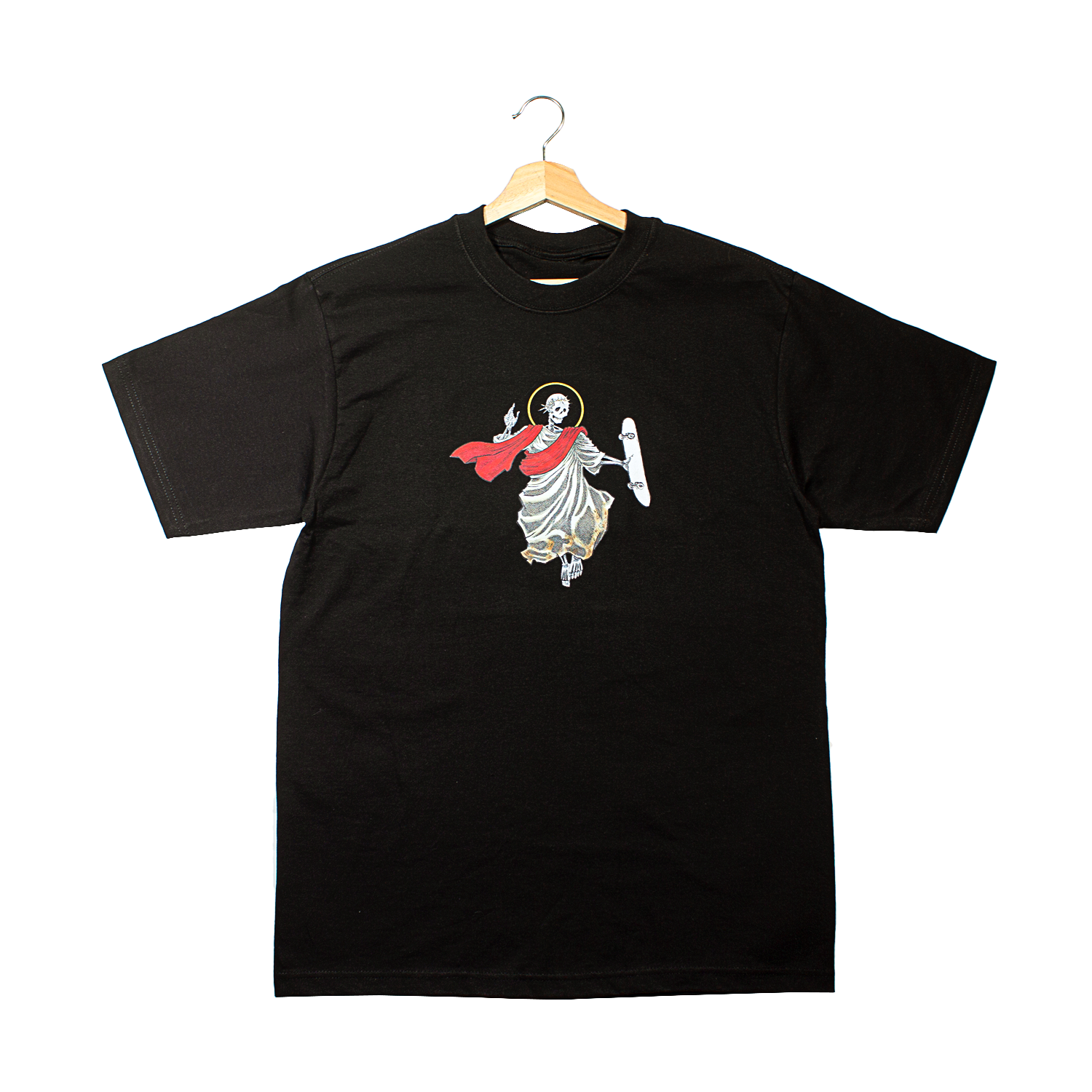 front of a black t-shirt with jesus doing a christ air on his skateboard graphic