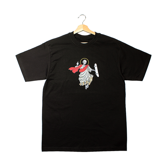 front of a black t-shirt with jesus doing a christ air on his skateboard graphic