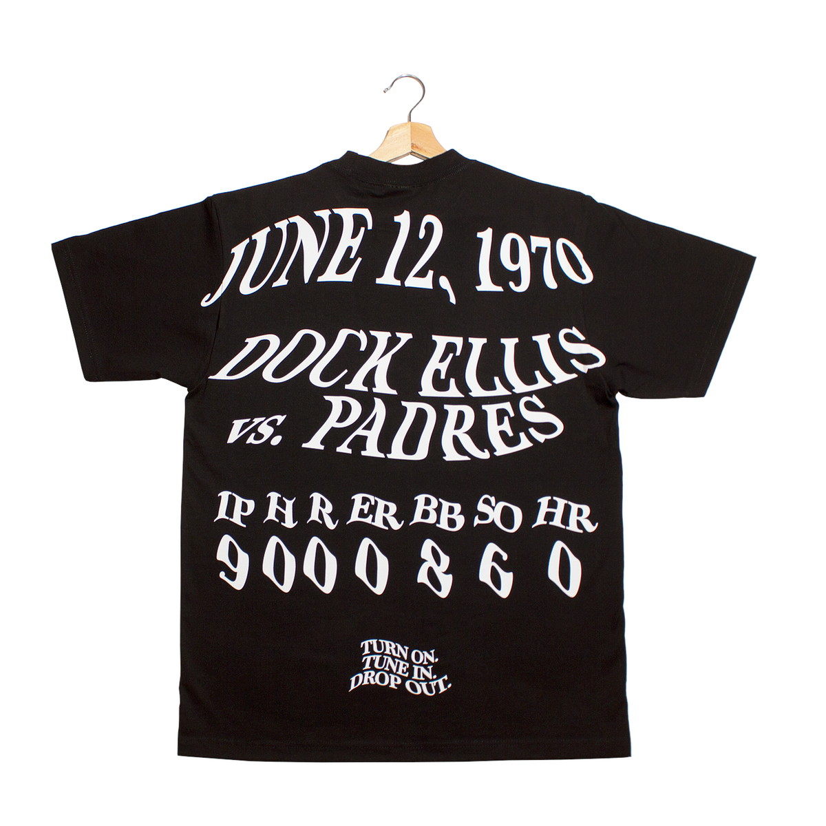 back of a t-shirt containing all of the stats from Dock Ellis's game that he pitched while on LSD