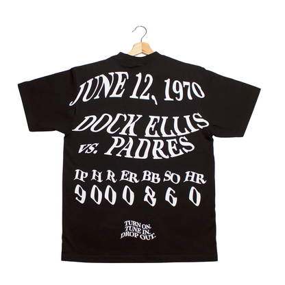 back of a t-shirt containing all of the stats from Dock Ellis's game that he pitched while on LSD