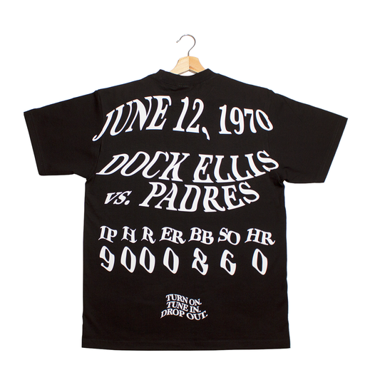back of a t-shirt containing all of the stats from Dock Ellis's game that he pitched while on LSD