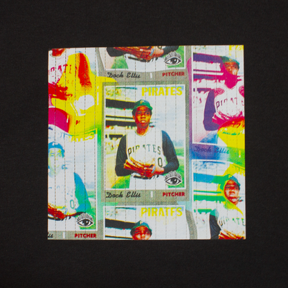 close up of a t-shirt graphic of a sheet of LSD of famous pitcher Dock Ellis who pitched an MLB game while on LSD.