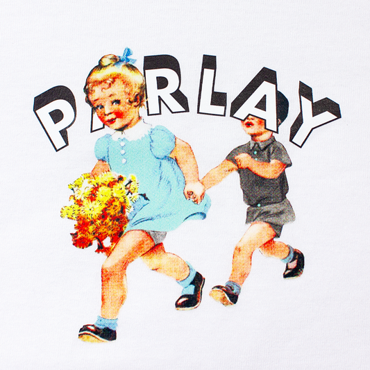 front of a white t-shirt with PARLAY logo and a girl holding a boys hand while she holds flowers and hes blind to everything but her.
