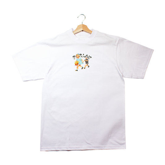 front of a white t-shirt with PARLAY logo and a girl holding a boys hand while she holds flowers and hes blind to everything but her.