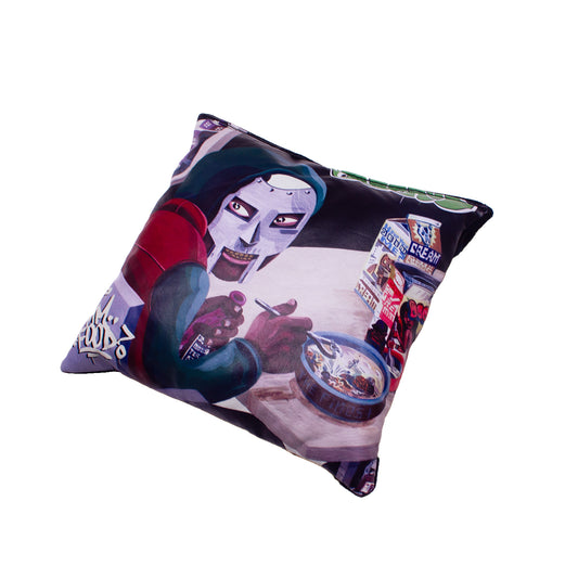 close up of pillow made from MF Doom merch