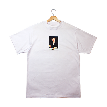 front of a white t-shirt with a photo a Monica Lewinsky signing her book about her affair with the president