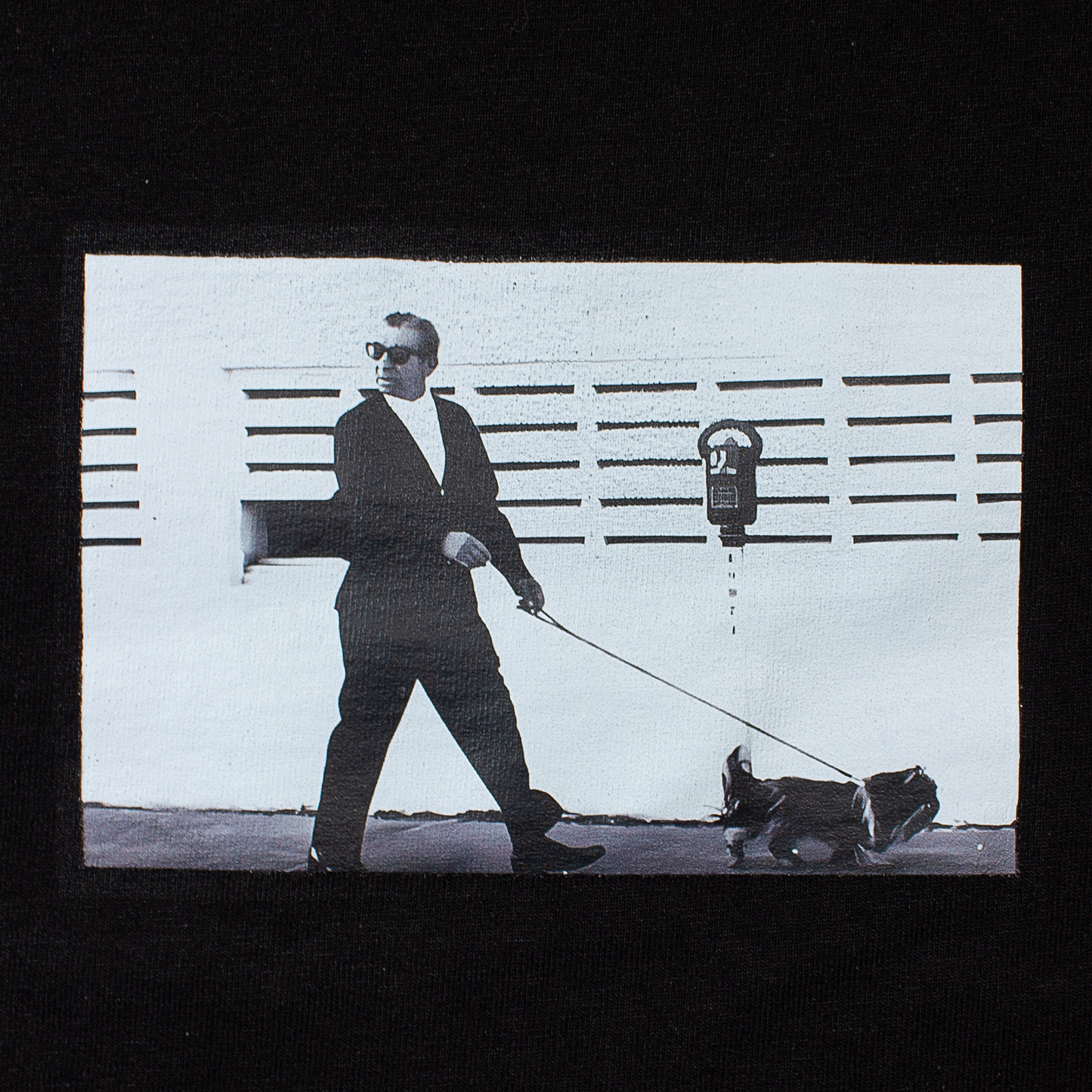 front of a t-shirt with the last known photo of Myer Lansky walking his dog in Florida on it