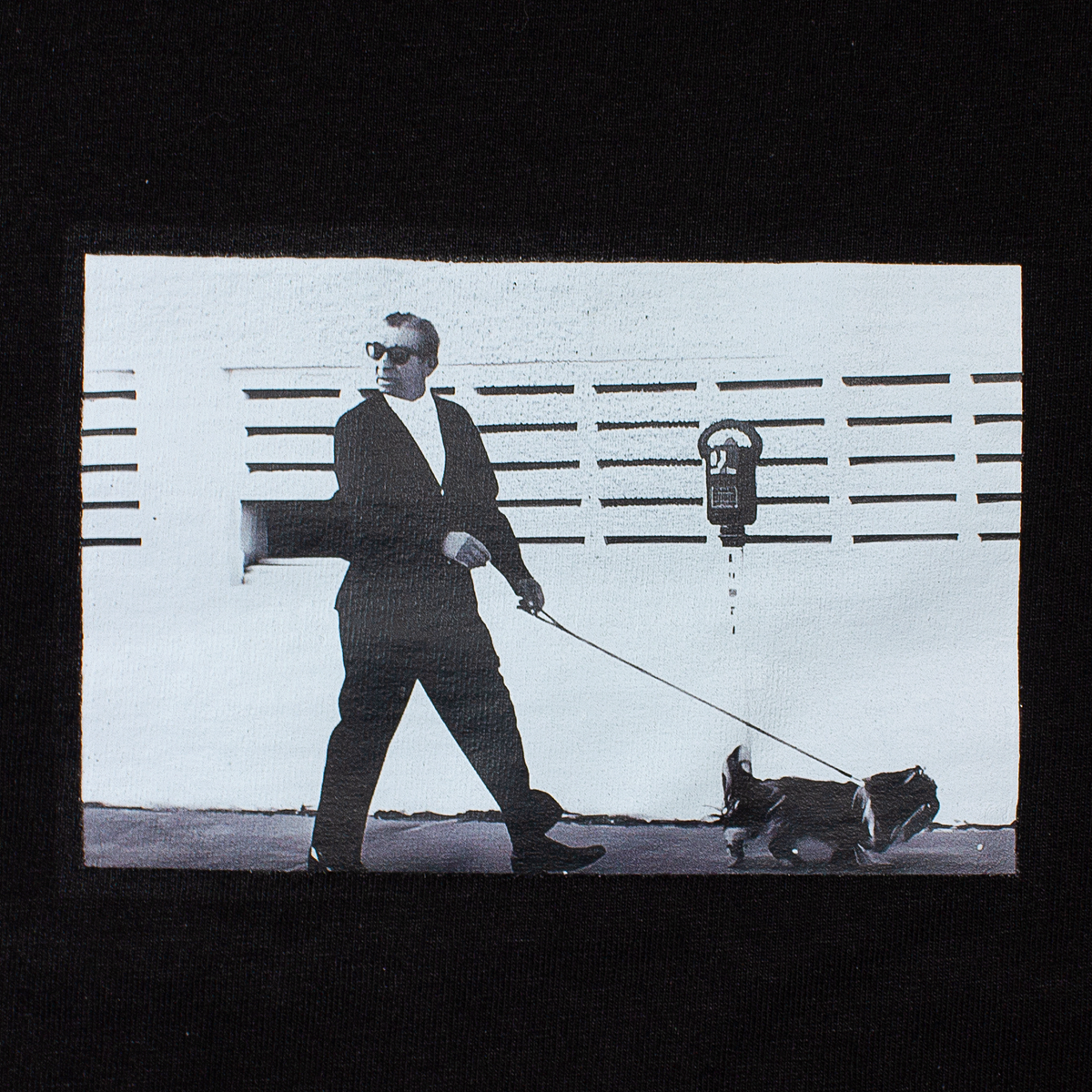 front of a t-shirt with the last known photo of Myer Lansky walking his dog in Florida on it