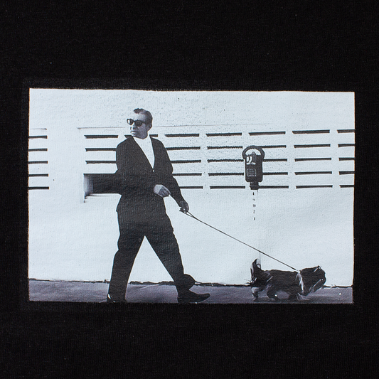 front of a t-shirt with the last known photo of Myer Lansky walking his dog in Florida on it
