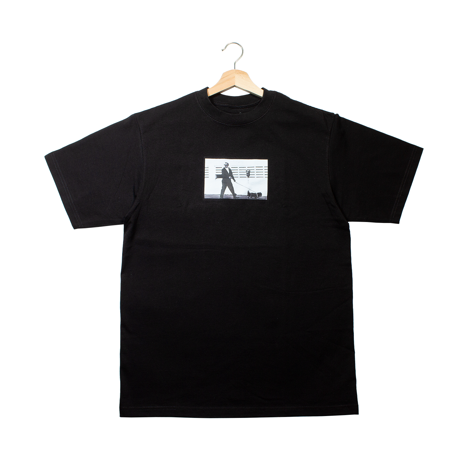 front of a t-shirt with the last known photo of Myer Lansky walking his dog in Florida on it