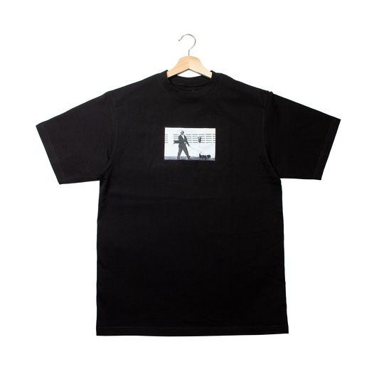 front of a t-shirt with the last known photo of Myer Lansky walking his dog in Florida on it