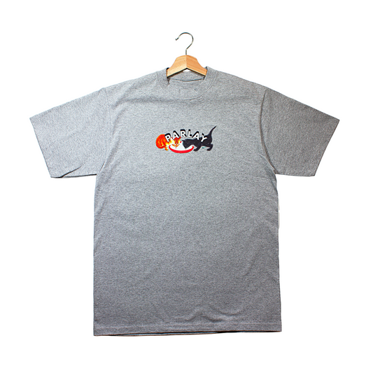 front of a t-shirt with PARLAY logo with an orange cat and black cat sharing the same bowl of milk. a love shared from a past life.