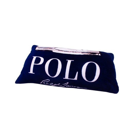 close up of a pillow made from a Ralph Lauren Polo beach towel