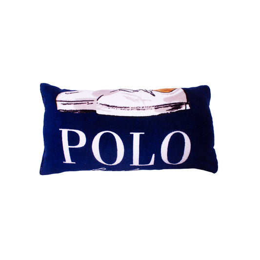 front of a pillow made from a Ralph Lauren Polo beach towel