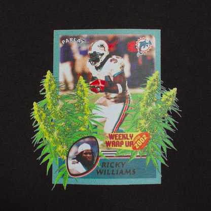 front of t-shirt of a graphic of a football card of running back Ricky Willaims of the Miami Dolphins running through a crop of cannabis plants.