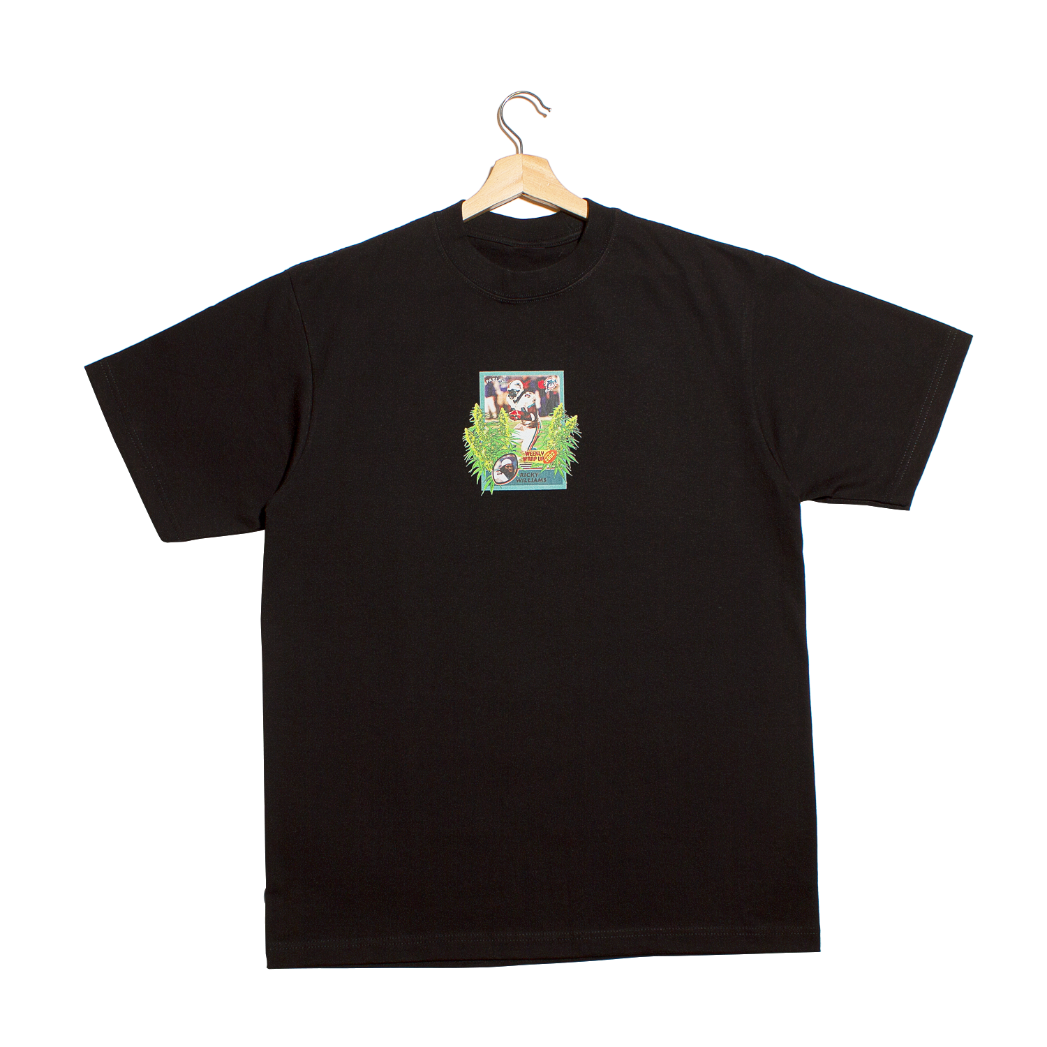 front of t-shirt of a graphic of a football card of running back Ricky Willaims of the Miami Dolphins running through a crop of cannabis plants.