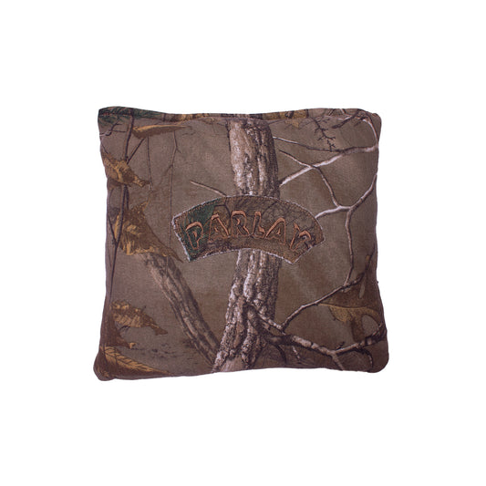 back of a pillow with real life camouflage pattern with "PARLAY" patch 