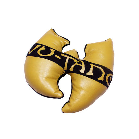 close up of a Wu-Tang logo pillow made from old Wu-Tag merch