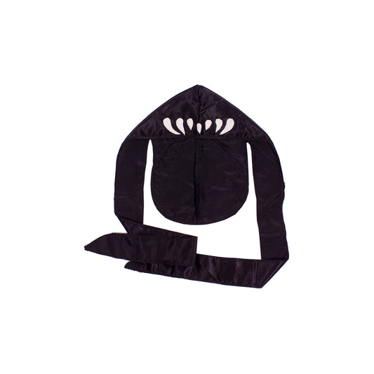 front of a du-rag with teeth sewn on