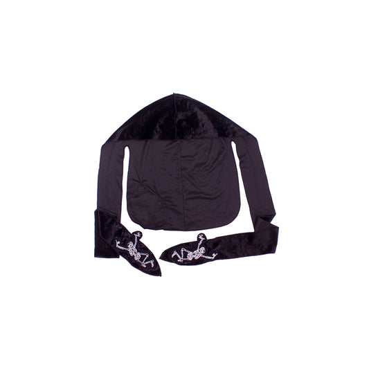 front of a du-rag with a embroidered skeletons